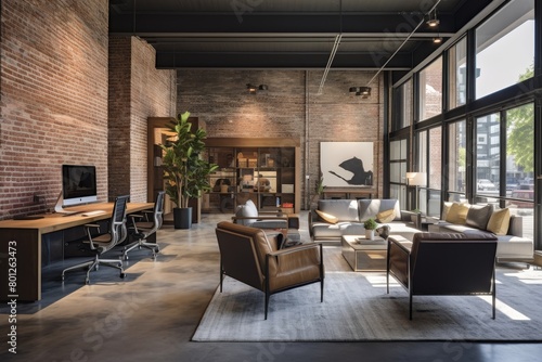 A Modern Charcoal Open-Concept Office Space with High Ceilings  Exposed Brick Walls  and Contemporary Furniture