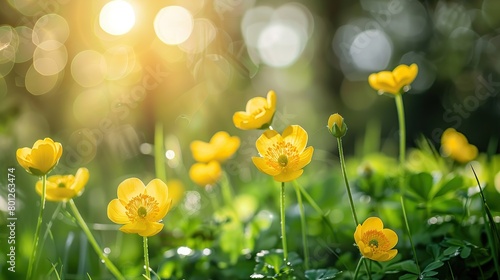 There are yellow buttercup flowers in a field with a blurred background of green foliage and bright white light shining through. photo