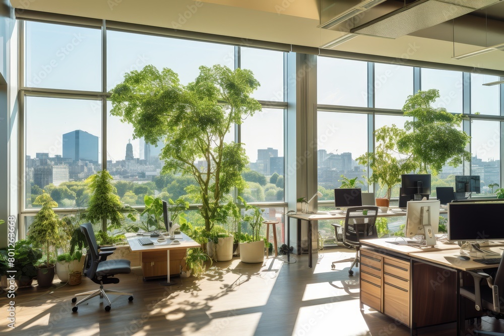 A Spacious Sage Green Office Bathed in Natural Light, Featuring a Large Wooden Desk, Comfortable Chairs, and a Wall of Windows Overlooking the City