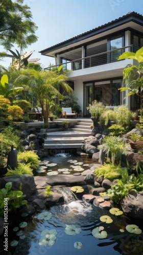 A beautiful garden with a pond, waterfall, and tropical plants