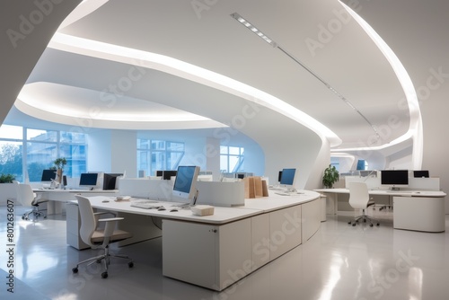 A Modern Architectural Marvel: The Alabaster White Cubicle Area in a Contemporary Office Space, Illuminated by Natural Light © aicandy