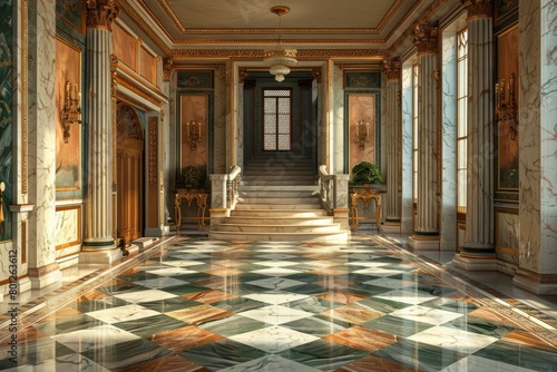 ornate hallway with marble floor and columns photo