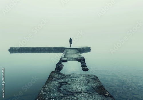 A lone figure stands on a pier surrounded by a dense fog photo