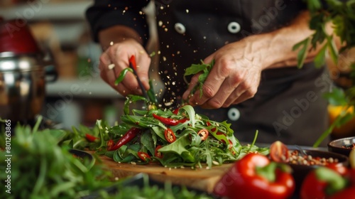 A chef creating a Thai-inspired salad with sliced chili peppers and crushed peppercorns, combining bold flavors and vibrant colors in a refreshing dish.