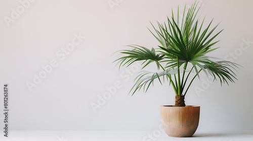 palm tree in a pot on a white wall with shadows from the sun,Collection of various plants in different pots. Potted house plants on shelf against wall,Green tall palm plant in pot in left side