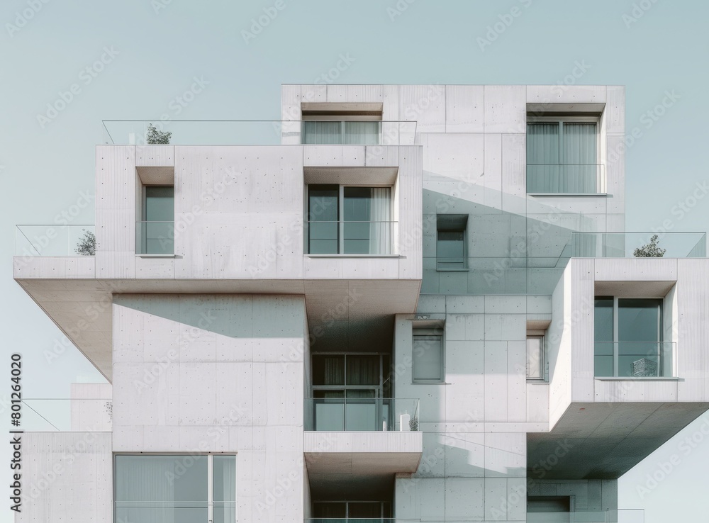 Modern concrete architecture with geometric shapes and large windows Modern concrete architecture with geometric shapes and large windows