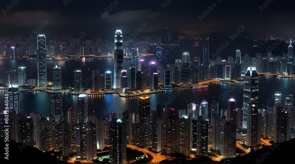 Panoramic view of Victoria Harbor and Hong Kong skyline.generative.ai