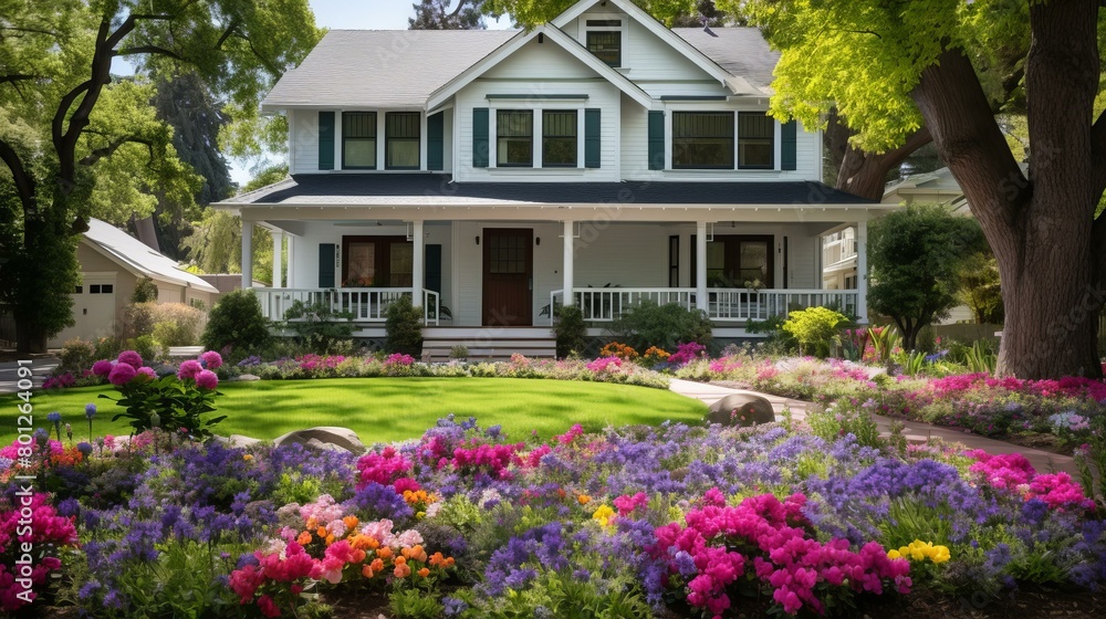 A beautiful suburban house with a lush garden