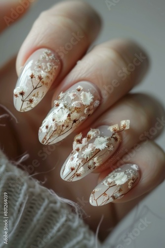 Dried flowers encased in clear oval shaped nails