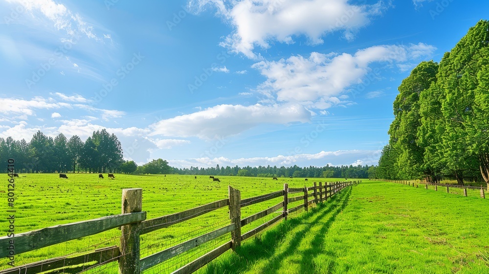 Cattle Grazing on a Green Pasture Under a Blue Sky