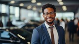 Portrait of a smiling African American businessman in a suit and tie standing in a car dealership.