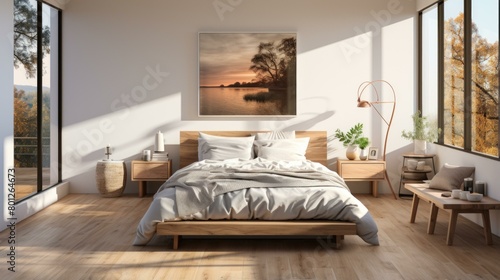 Modern bedroom interior with a beautiful landscape painting above the bed