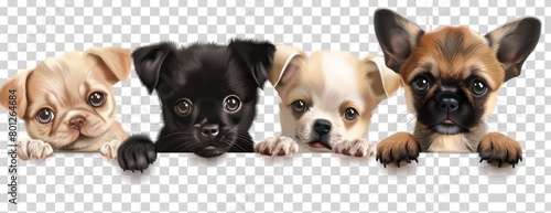 Dogs and cats peeking over a white wall, showcasing various dog breeds