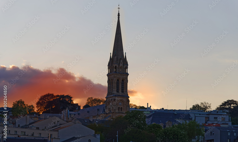 Notre-Dame-de-Boulogne church, also known as Notre-Dame-des-Menus at sunset , Boulogne-Billancourt, Parisian region.