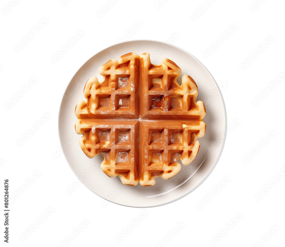 Belgian waffles topped with fresh raspberries and drizzled with glossy red raspberry sauce on a white plate, top view. Generative AI Belgian waffles topped with fresh raspberries and drizzled with glossy red raspberry sauce on a white plate, top view. Generative AI