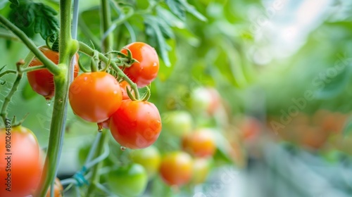 Close up of fresh ripe red tomato plants in the garden blur background. AI generated image