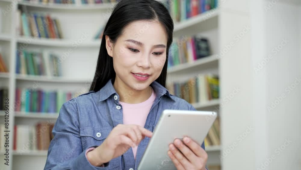 Asian female student using digital tablet for learning standing in campus library space. Young woman chats online, browses the web while preparing for examination period at the university. Close up Asian female student using digital tablet for learning standing in campus library space. Young woman chats online, browses the web while preparing for examination period at the university. Close up