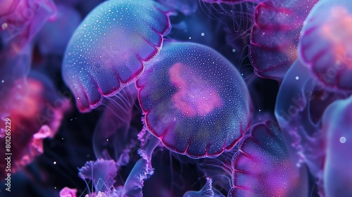Abstract background with group of jellyfish with purple and blue hues photo