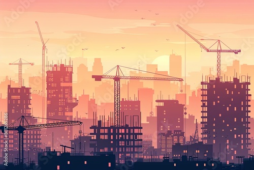 Urban Construction Landscape, construction companies, and real estate agencies. Features modern buildings and construction cranes against the urban sky, showcasing growth and development in the city.