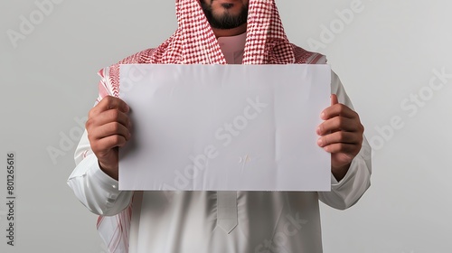 Arabic man wearing a Saudi bisht and traditional white shirt, holding a blank white paper to his chest. photo