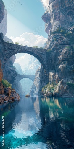 fantasy landscape with stone bridges over a river