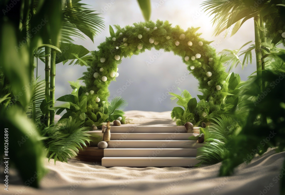'Bamboo leaves scene podium sand 3d presentation Summer tropical decoration rendering product poduim dais showcase platform leaf beach light beam stylised' 'Bamboo leaves scene podium sand 3d presentation Summer tropical decoration rendering product poduim dais showcase platform leaf beach light beam stylised'