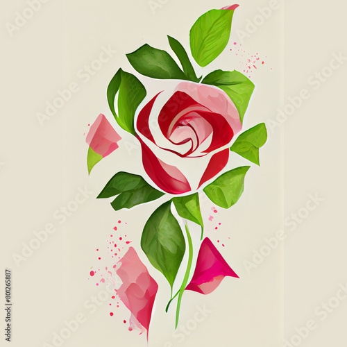 Illustration - single rose vector art, water color, pattern, red, pink, white