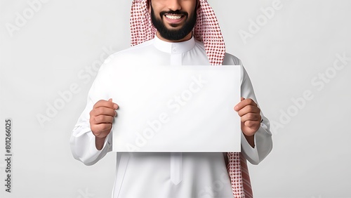 Arabic man wearing a Saudi bisht and traditional white shirt, holding a blank white paper to his chest. photo