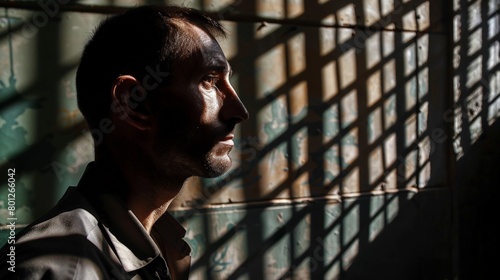 A reflective moment captured as a prisoner stares out from behind the bars of his cell, sunlight casting shadows on the floor