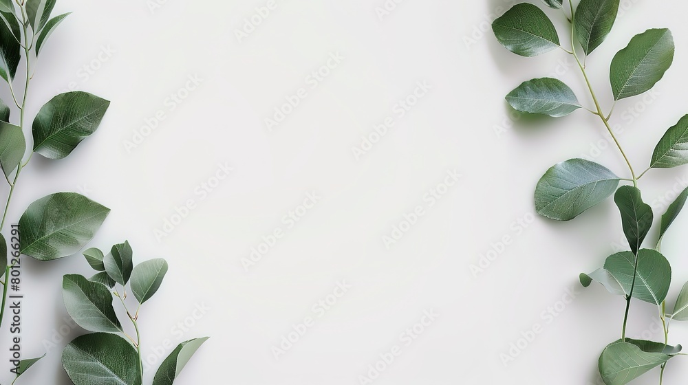 tropical green leaves twig on white paper beautiful simplicity boho peaceful spring feeling, abstract background commercial advertisement style with blank copy space, Generative Ai