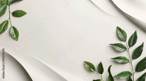 tropical green leaves twig on white paper with wrinkles beautiful simplicity boho peaceful spring feeling, abstract background commercial advertisement style with blank copy space, Generative Ai