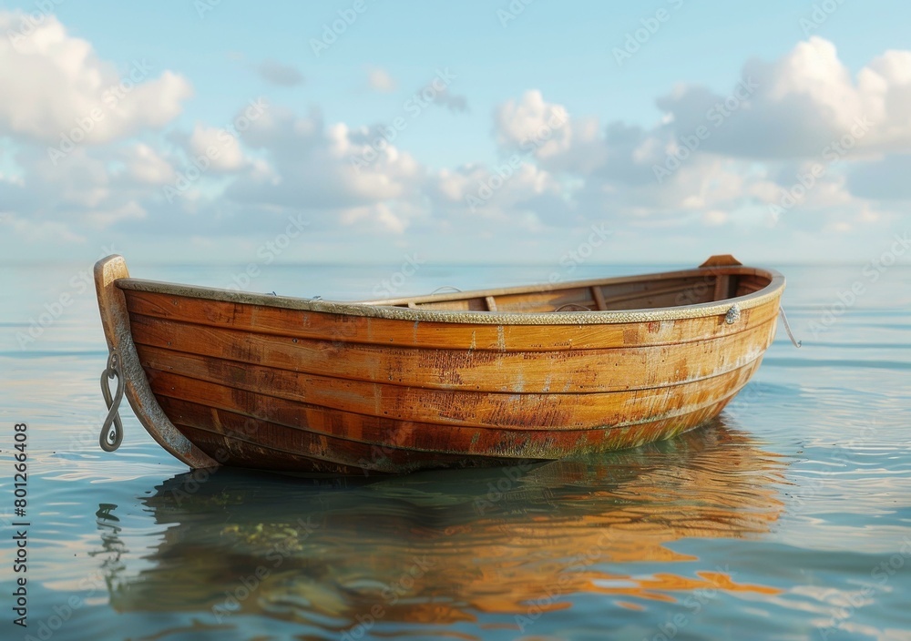 Wooden boat floating on calm water with a cloudy sky Wooden boat floating on calm water with a cloudy sky