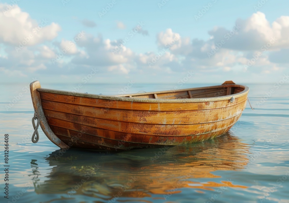 Wooden boat floating on calm water with a cloudy sky