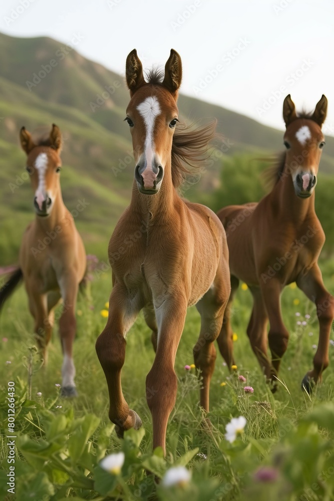 Three foals of a brown color are running across a green field Three foals of a brown color are running across a green field