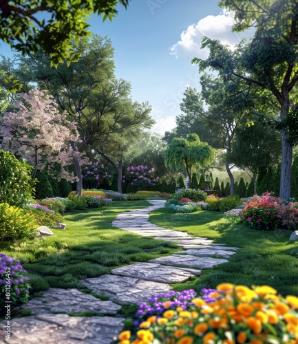 Stone path through a lush garden