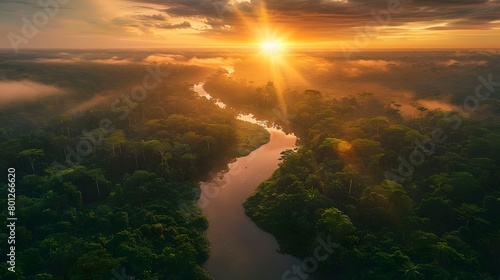 A breathtaking aerial view of the Amazon rainforest at sunrise, with mist rising from rivers and lush greenery stretching to the horizon. Adventure explore air dron view vibe.