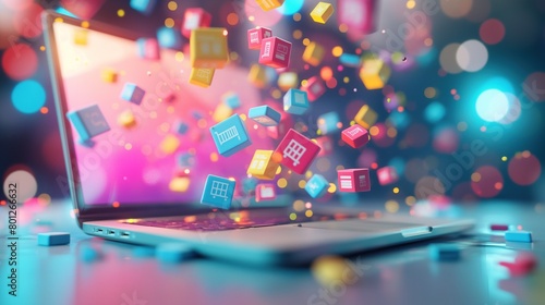 A laptop on a table with colorful cubes shopping icons flying out of it. Online Sale and discount deals