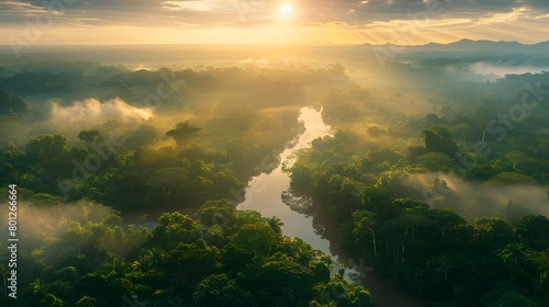 A breathtaking aerial view of the Amazon rainforest at sunrise, with mist rising from rivers and lush greenery stretching to the horizon. Adventure explore air dron view vibe.