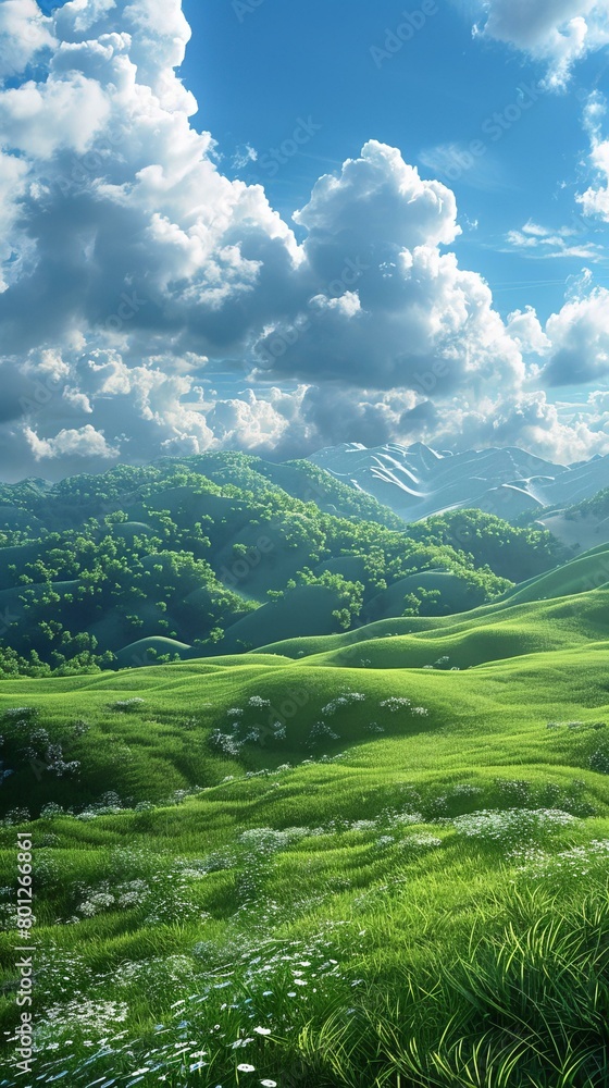 Obraz premium Green rolling hills under a blue sky