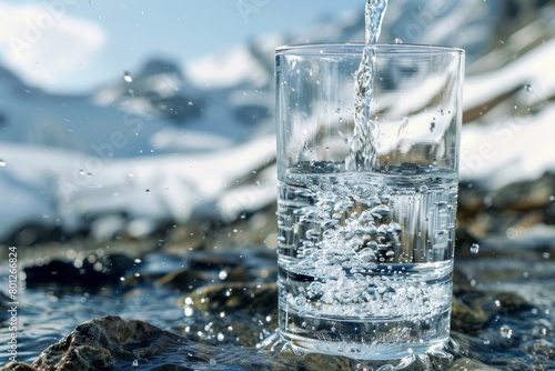 Pouring crystal mineral water into a glass against a backdrop of blurred snowy mountain scenery. Pure, fresh, organic water. A refreshing and healthy beverage