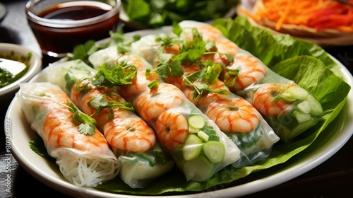 Fresh and healthy Vietnamese summer rolls with shrimp, vegetables, and rice noodles