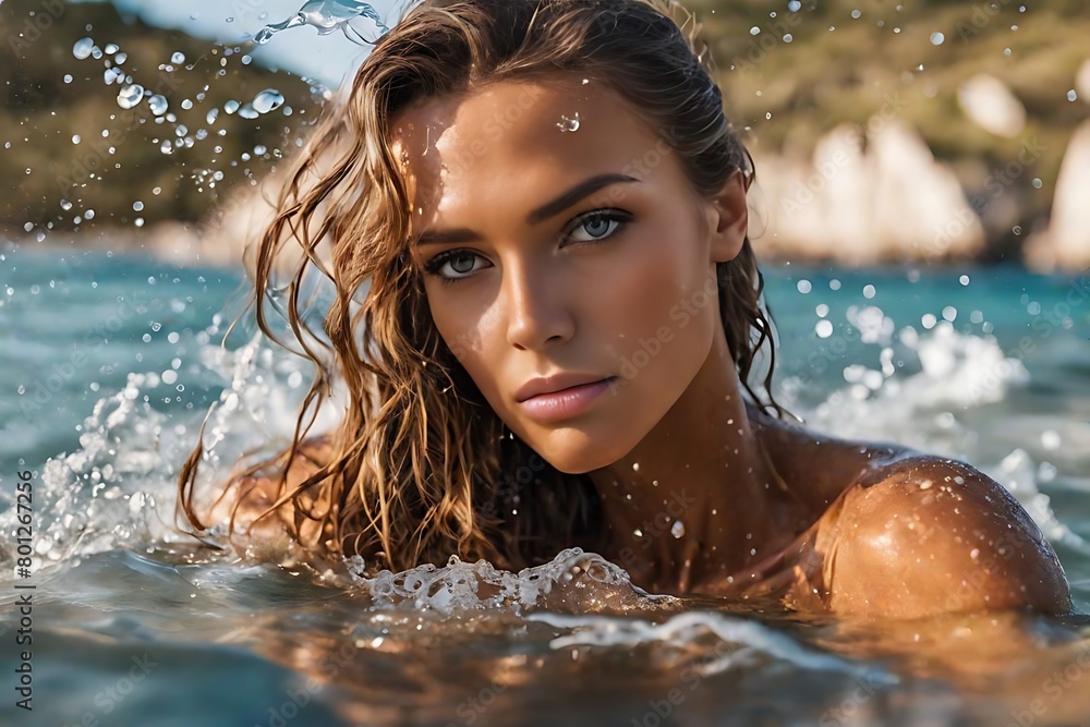 portrait of a pretty girl in the pool, wet portrait, wet gir in the pool, woman is swimming in the pool Young woman with long hair in the midst of a hair flip, with water droplets suspended in the air