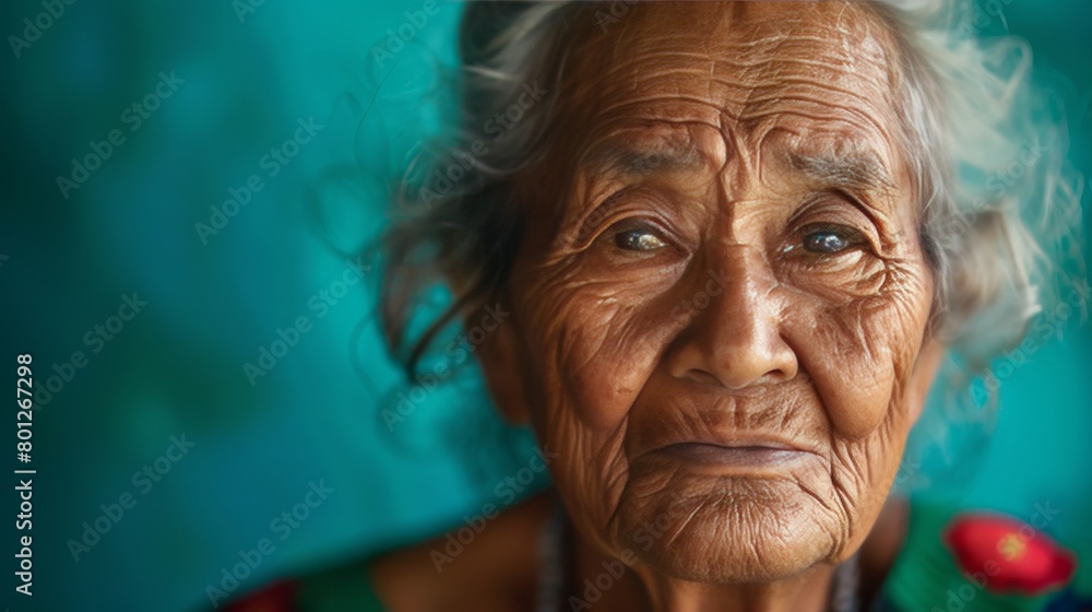 An old woman with a weathered face looks out at the world with a mixture of sadness and wisdom in her eyes.
