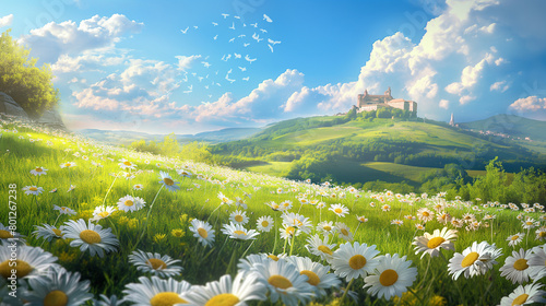 Beautiful natural landscape with bloom field of daisies in the grass in the hilly countryside with castle-1