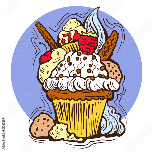Sweet tasty dessert cupcake with cream and deco for morning breakfast in caf   or restaurant. Mini birthday cake for pleasure. Hand drawn colorful retro vintage illustration. Old style drawing.