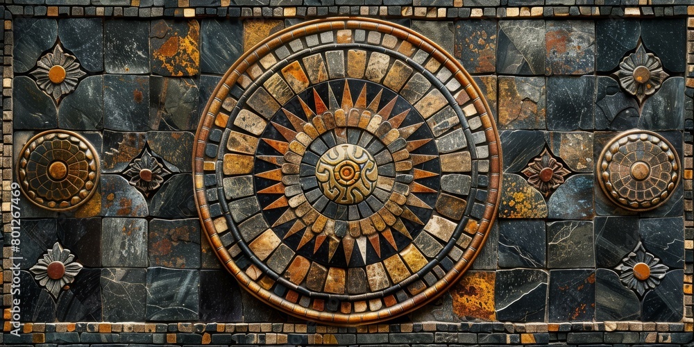 Aztec calendar mosaic made of different colored stones