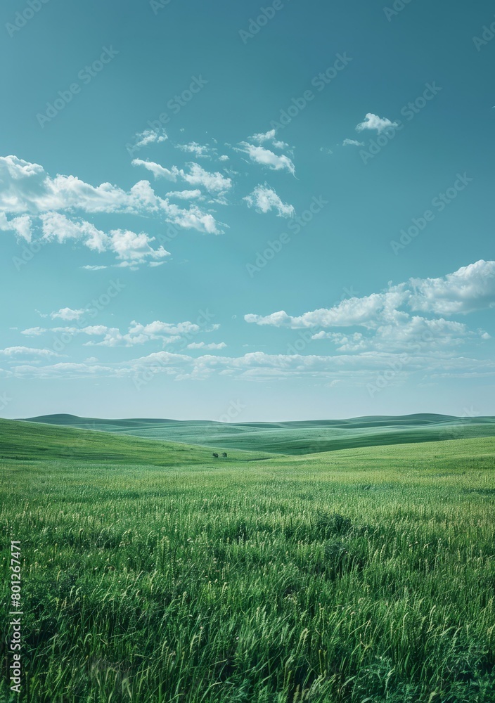 Obraz premium Green rolling hills under blue sky with white clouds