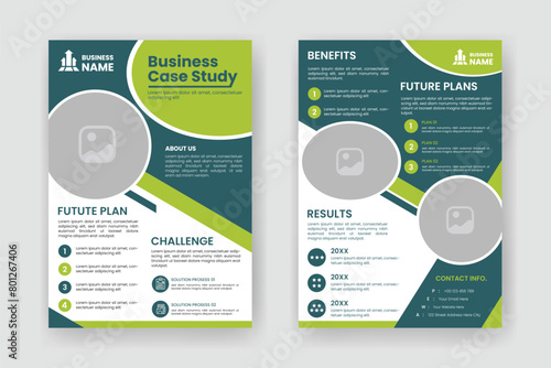 Case Study Layout Flyer. Minimalist Business Report with Simple Design. Green and Beige Color Accent.