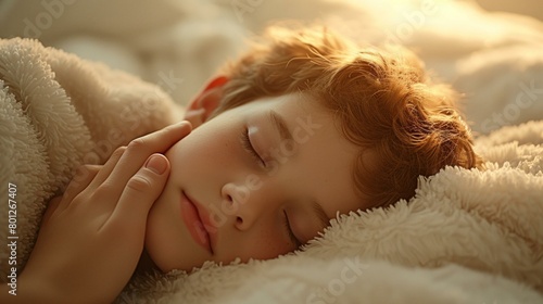 Little boy sleeping soundly under a white blanket photo