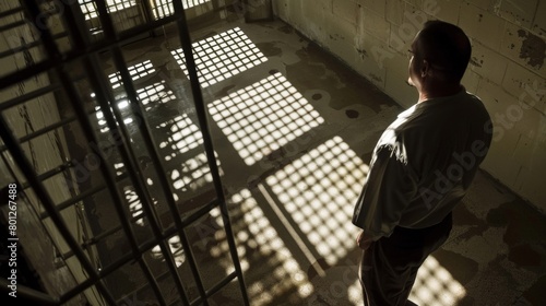 A reflective moment captured as a prisoner stares out from behind the bars of his cell, sunlight casting shadows on the floor photo